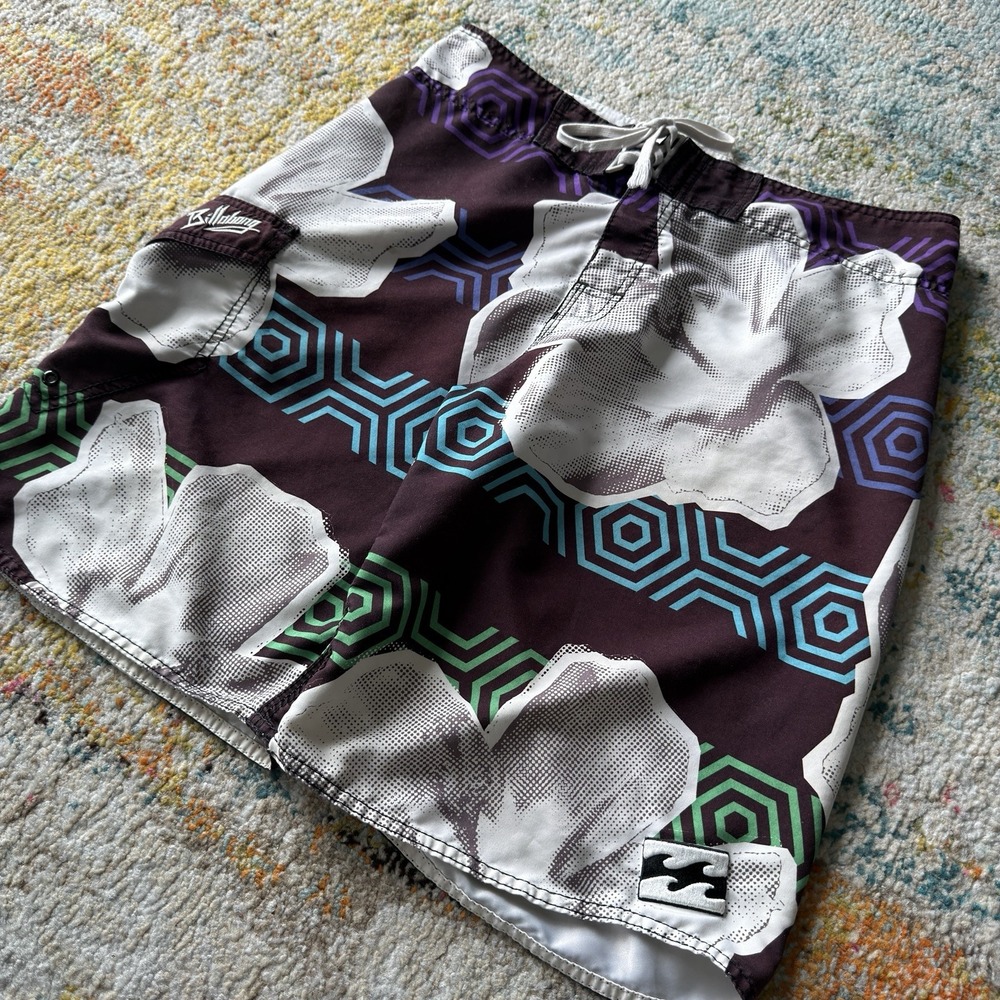 Y2K Surf Billabong Board Shorts Swim Trunks Size 34 Floral Geometric